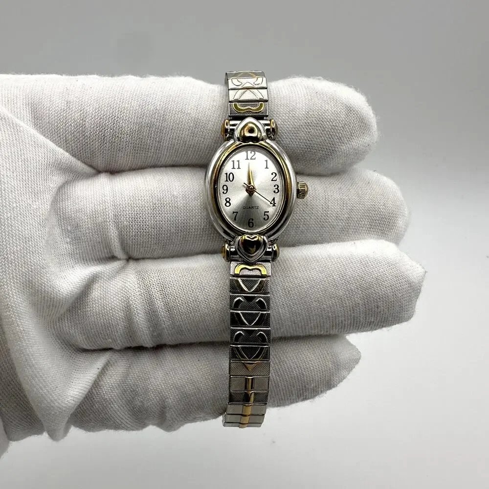 Oval Quartz Watch Two-Tone Silver And Gold Ladies Bracelet Hearts Pattern